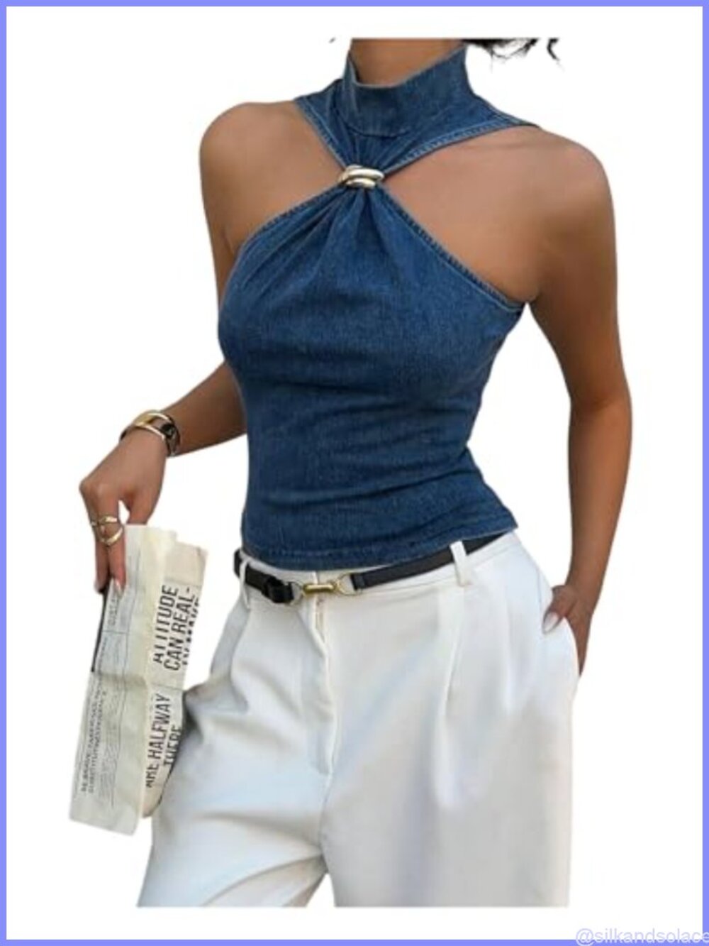 Y2K Mock Neck Twist Sleeveless Denim Tank Top